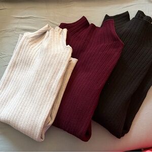 3️⃣ LOFT Mock Neck Ribbed Sweater Bundle - Silver, Wine, Ebony in Small